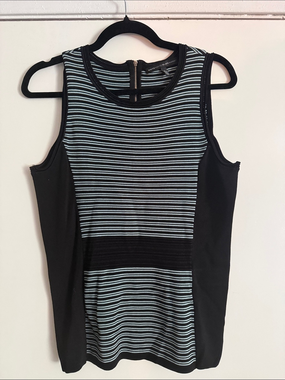 White House Black Market Black & Light Blue Striped Panel Tank